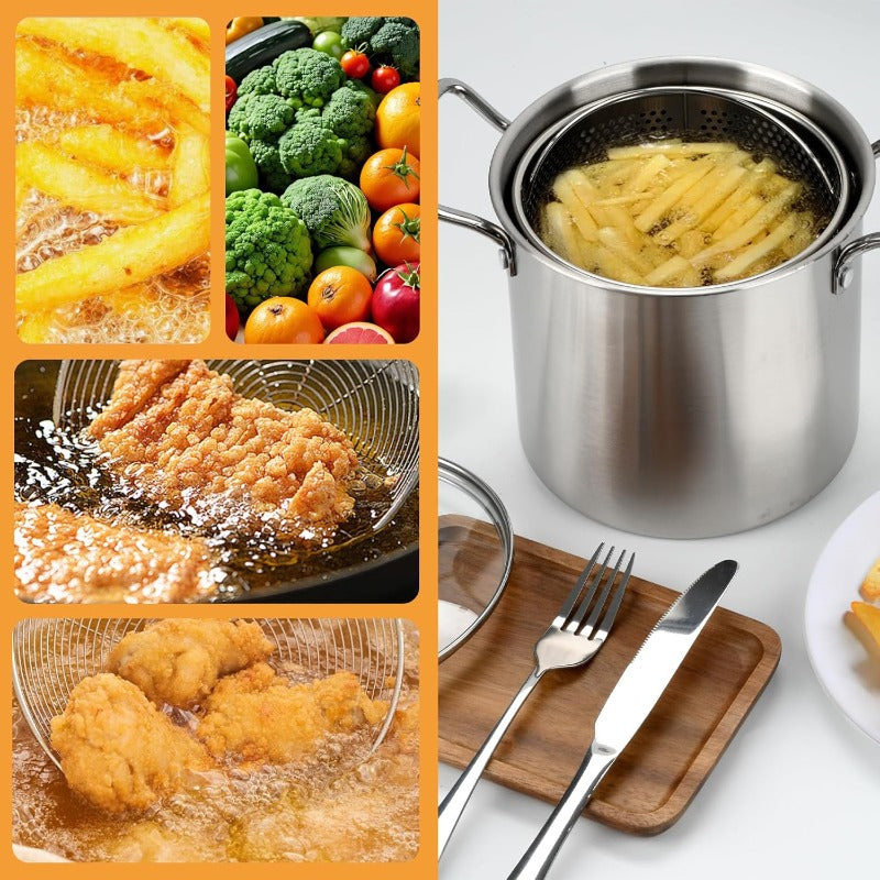 118.35oz Stainless Steel Deep Fryer Pot with Lid & Basket - Heavy-Duty Commercial/Residential Large Frying Pan, Oil Drip Drainer System, Sturdy Handle for Kitchen, Restaurant, Party, Picnic - No Required