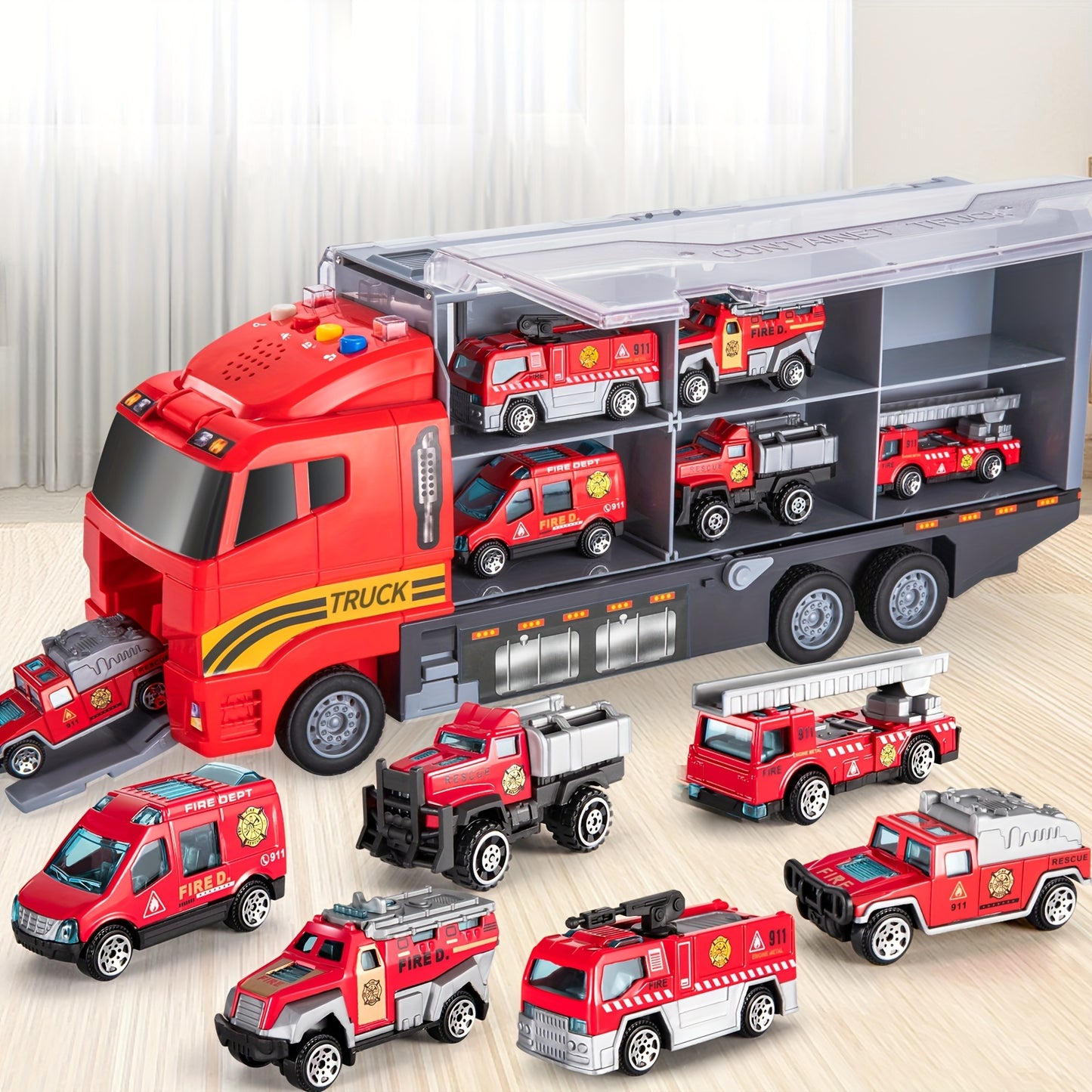 Die-Cast Metal Fire Truck Toy Set with Play Mat - Red & Black Carrier Truck, 4 Fire Engines, 2 Ladder Trucks, and 2 Rescue Vehicles - Perfect Christmas or Birthday Gift for Boys & Girls Ages 3-6, Fire Truck Toy, Playful Desig