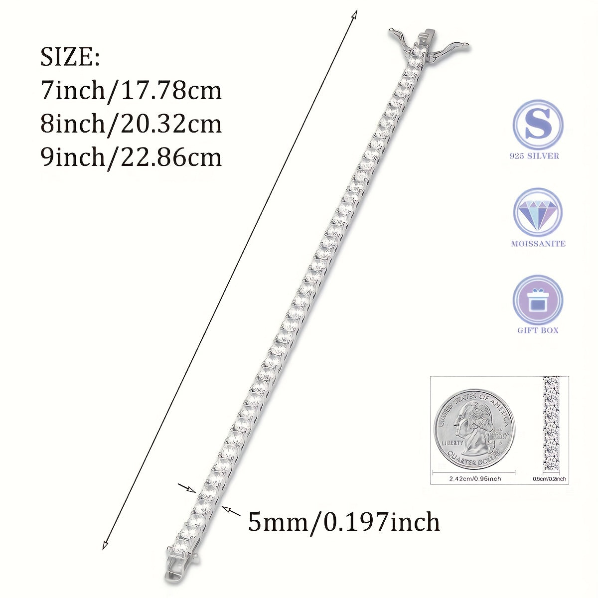 Tennis Bracelet 925 Sterling Silver 5mm 0.5-carat Moissanite, Exquisite Jewelry Gift, Suitable For Banquets And Dinners, Hip-hop, Couple Style, Bestseller, Luxurious, Wedding Gift, Anniversary Gift, Christmas And Birthday Gif