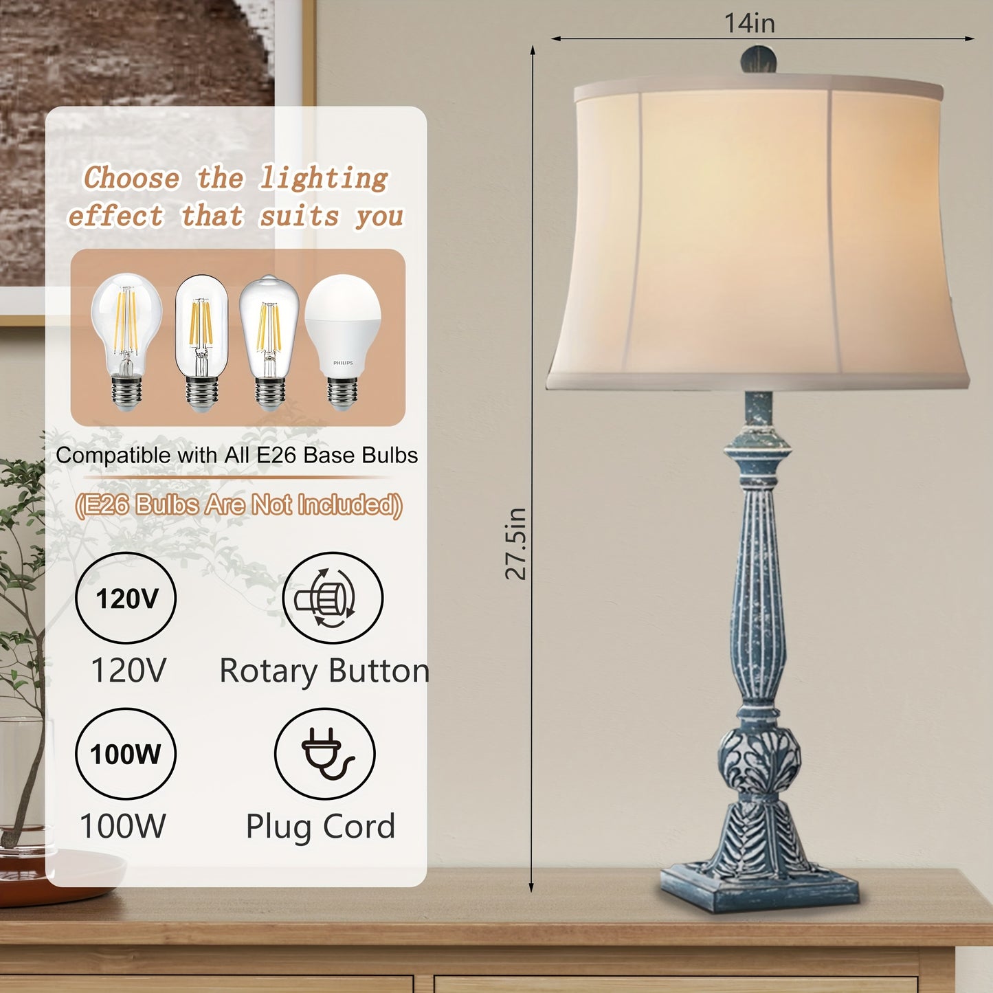 2pcs Farmhouse Table/ Matching Rustic Bedside Lamps - 3-Way Dimmable End Table with Adjustable Knob Dimmer & Bell Shade, Resin Nightstand Lamps Suitable for Living Room, Bedroom, Office