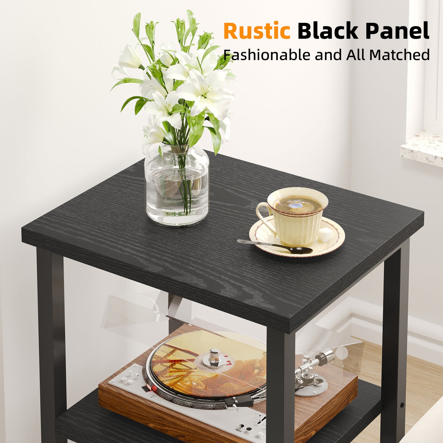 WHONLINE Side Table, Small End Table, Nightstand, 3-Tier End Table with Storage Shelf for Living Room, Bedroom, Office, Bathroom, 13.4*11.8*22.8 Inch, Classic Black