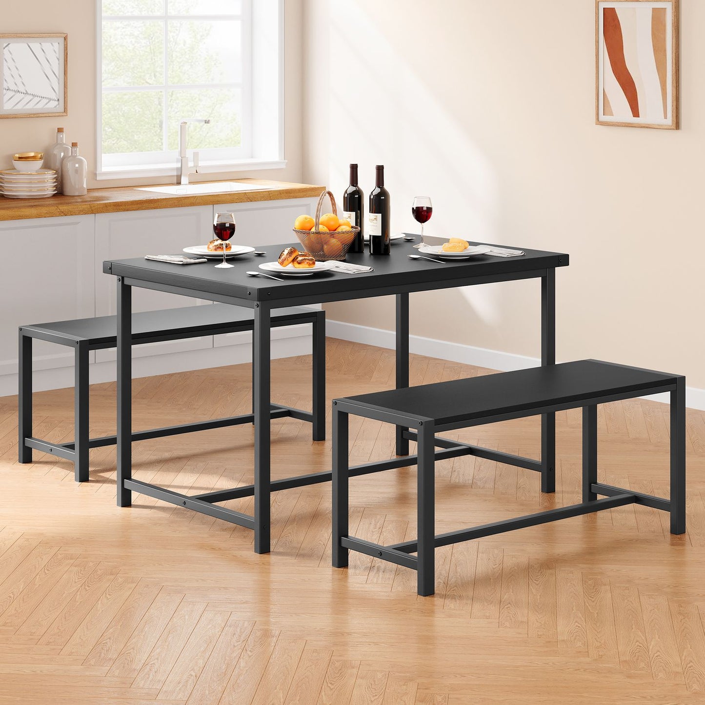 Modern Farmhouse 3pcs Dining Set for 4 with Steel Frame, Space-Saving Benches, and Tabletop, Perfect for Small Apartments and Dinette Areas, Easy Assembly, Dining Table