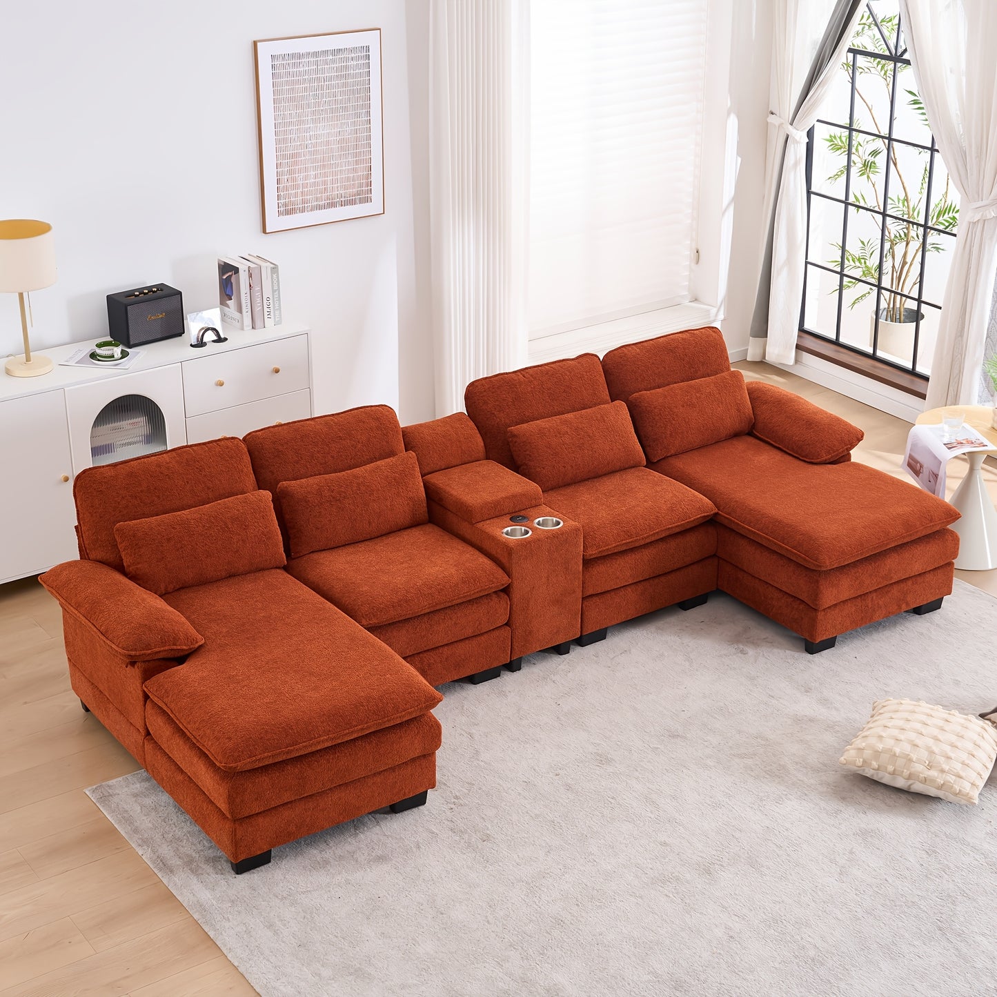 Living Room Comfort Combo Sofa, U-Shaped Cloud Sofa Combination Sofa, Modern Corduroy Modular Sofa with Recliner, Console Cup Holder