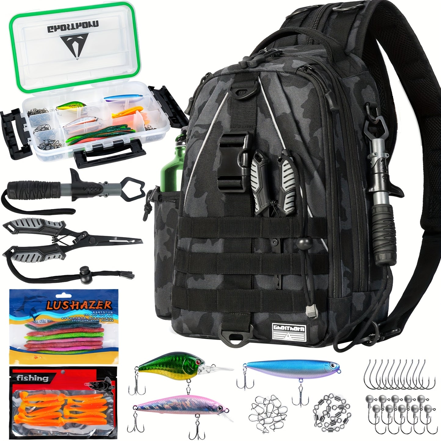 Ghosthorn Fishing Backpack with Tackle Boxes, High Quality Sling Tackle Bag for Fishing Gear with Rod Holder, Gifts for Men, Outdoor Fishing Accessory, Fishing Gear Storage, Sling Pack With Rod Holder, All-In-One Fishing Kit,