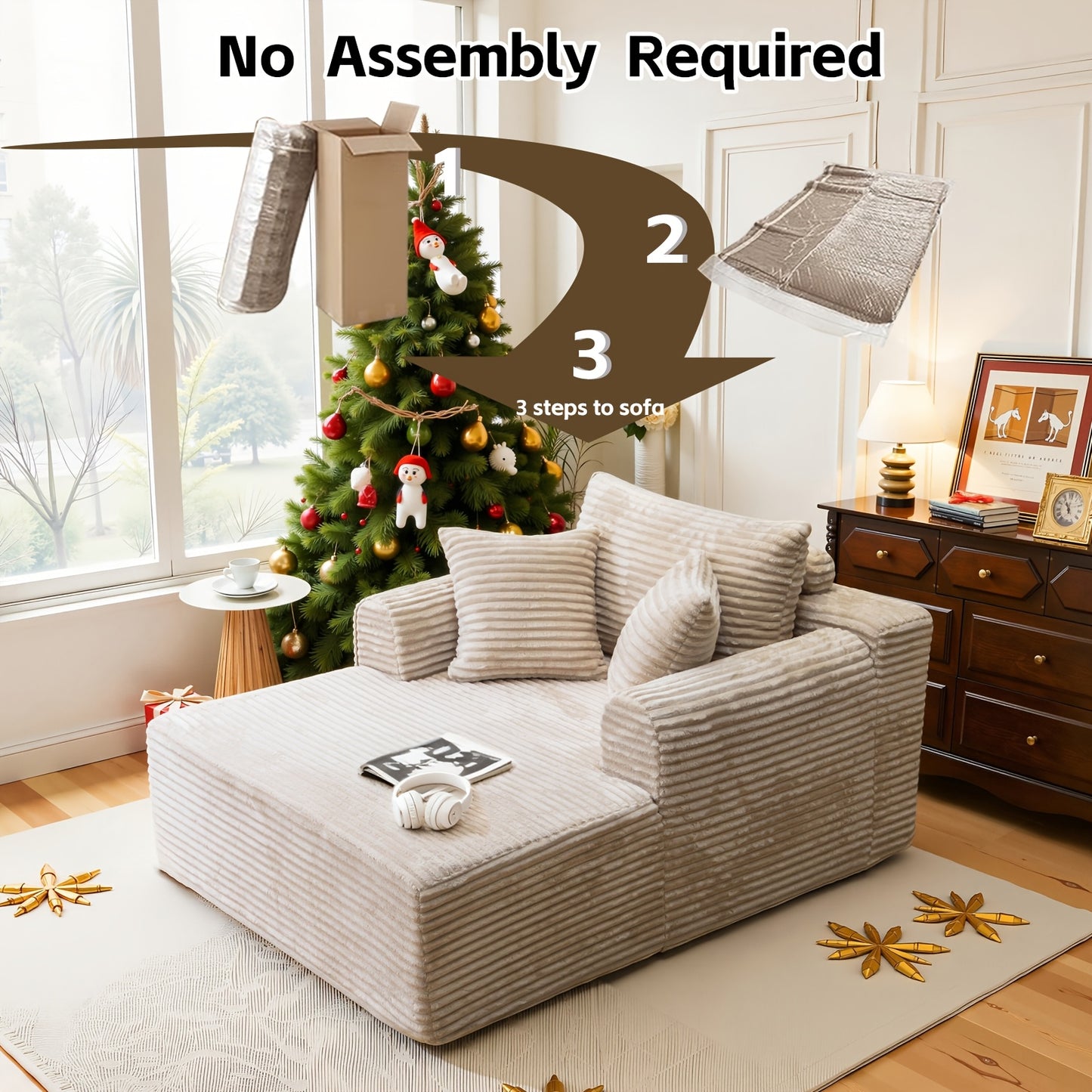 Indoor Oversized Corduroy Upholstered Boneless Sofa Bed Chaise Lounge - Deep Seat Sleeper Couch & Reading Chairs, Cloud Sofas for Living Room, No Assembly Required