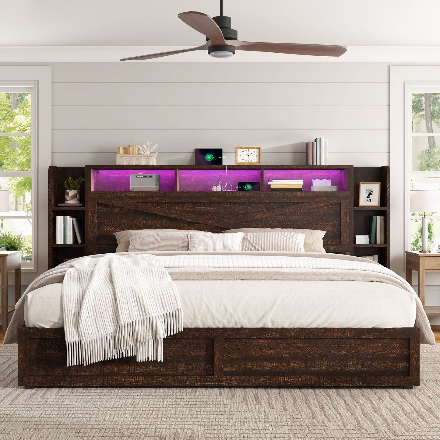 LUXOAK Rustic Farmhouse Platform Bed with Storage Headboard | Detachable Side Cabinets Drawers, LED Lighting, Hardwood and MDF Construction, Plug Powered, 125V, Pre-Assembled