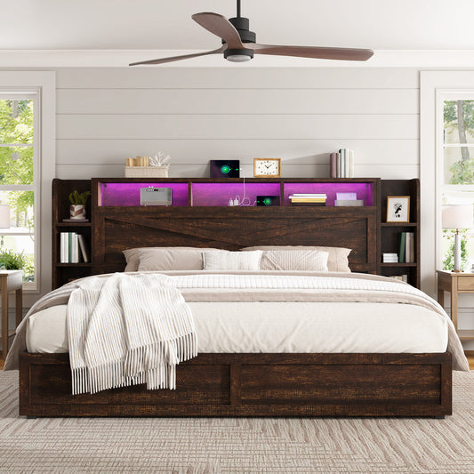 LUXOAK Rustic Farmhouse Platform Bed with Storage Headboard | Detachable Side Cabinets Drawers, LED Lighting, Hardwood and MDF Construction, Plug Powered, 125V, Pre-Assembled