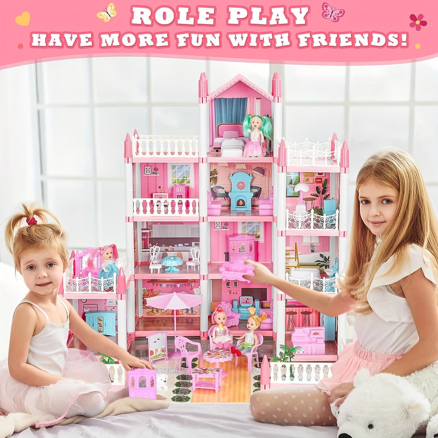 Doll House, Dollhouse for Girls Pretend-Play DIY Dollhouse Kit - 4-Story 11 Rooms Playhouse with 4 Dolls Toy Figures, Furniture And Accessories Set Gift Toy for Kids Ages 3 4 5 6 7 8+