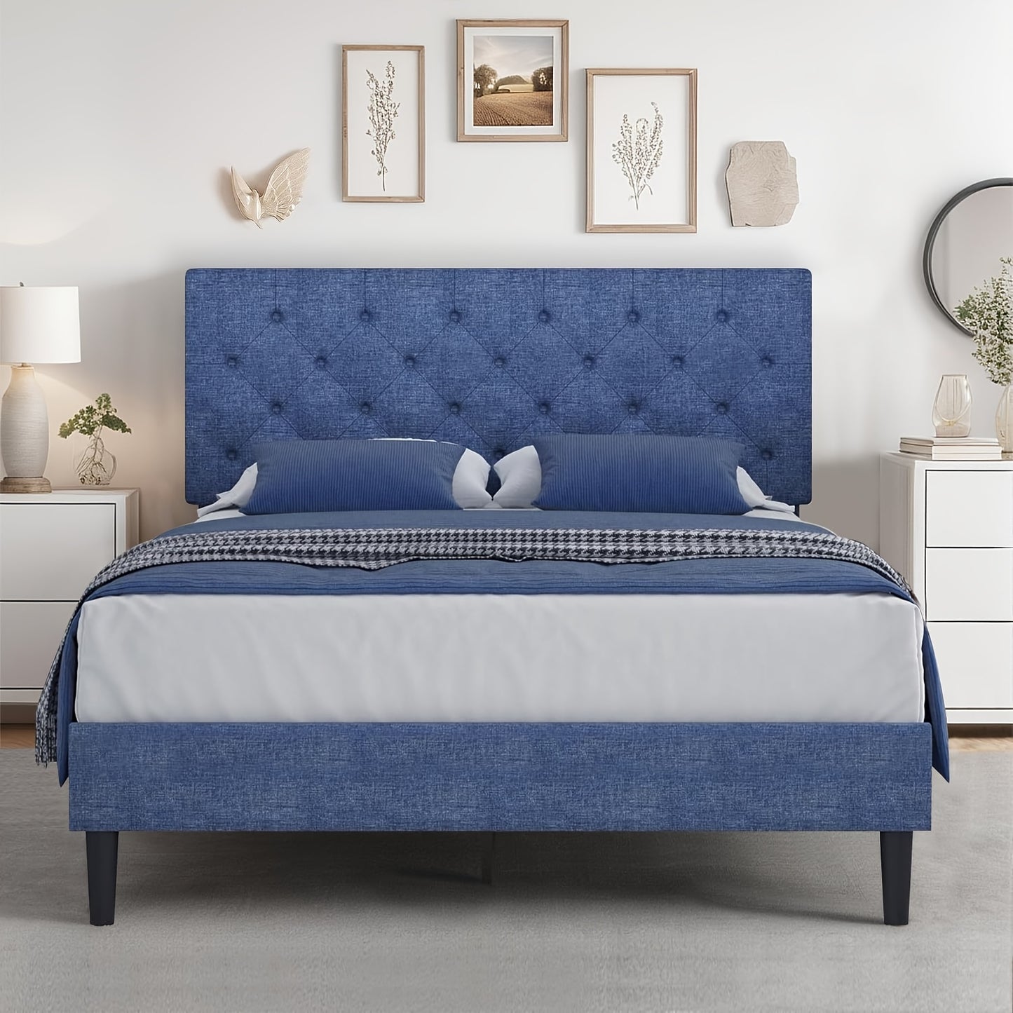 Twin/Full/Queen/King Size Bed Frame With Headboard, Linen Fabric Upholstered Bed Frame With Wood Slats(mattress Not Included), Halloween Decor, Wood Slats For Easy Assembly, Button Tufted, White/Blue/Dark Gray/Light Gray/Pink