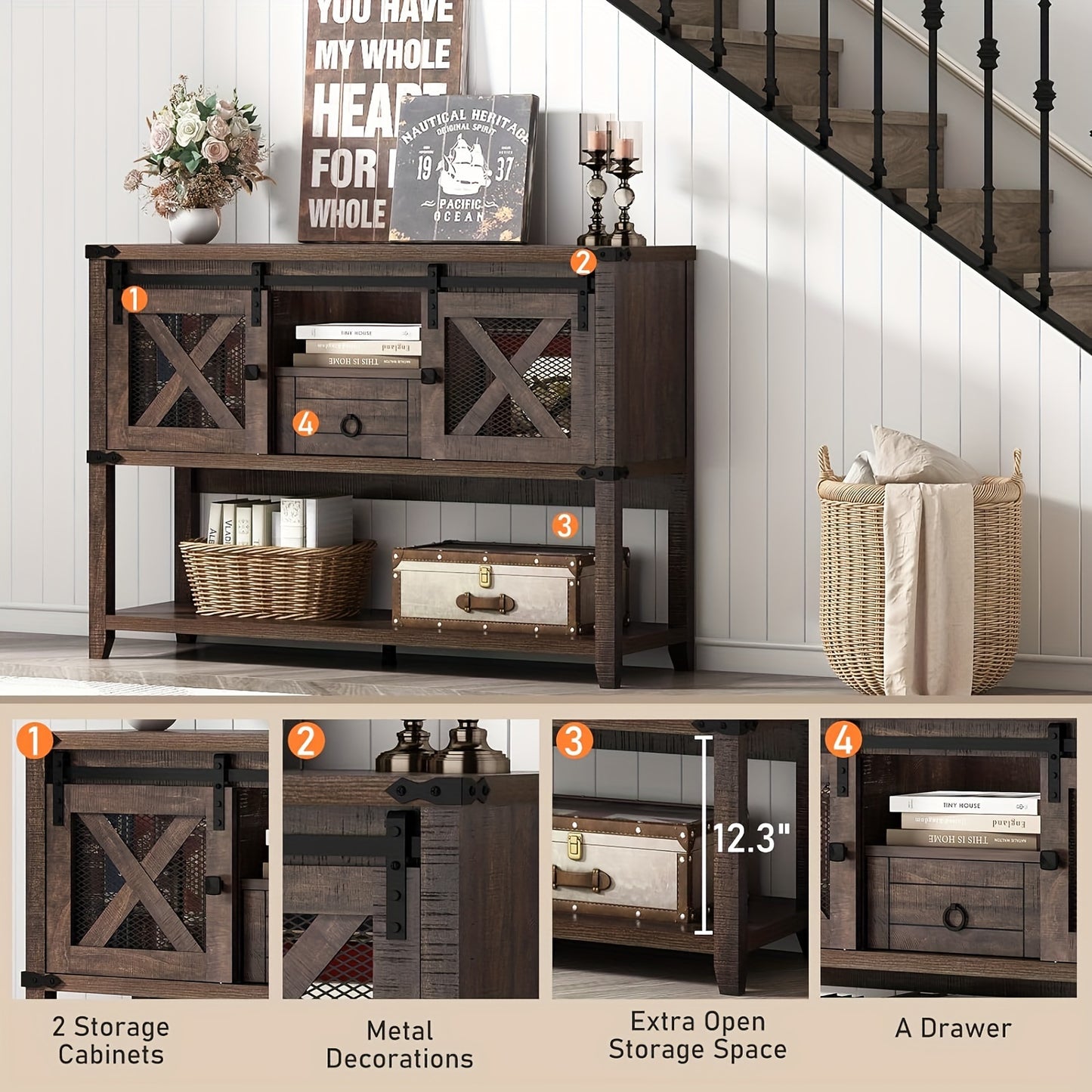 Farmhouse Entryway Table with 2 Sliding Barn Doors & Drawer, 46'' Rustic Console Table with Storage, Open Shelf Space, Industrial Sofa Table for Living Room, Entryway, Hallway,
