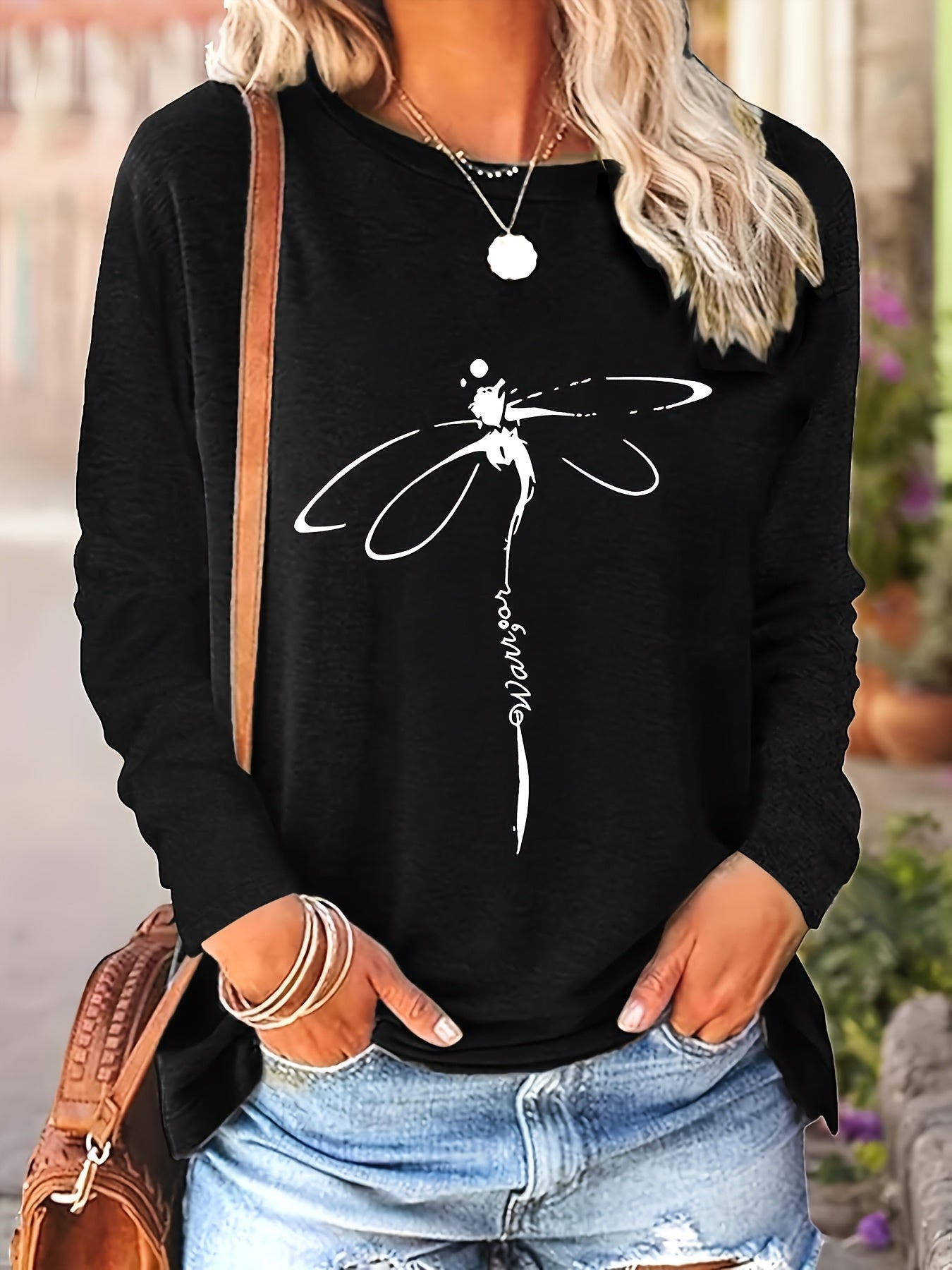 Plus Size - Plus Size Women'S Turquoise Dragonfly Print T-Shirt - Long Sleeve Round Neck Casual Layered Top with Chinese Character Design, Oversized Fit for Spring & Fall
