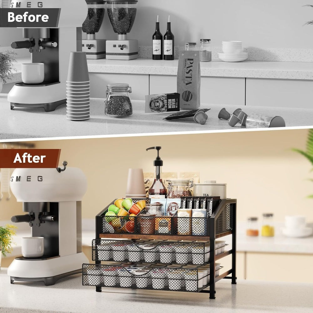 Coffee Bar Organizer - Coffee Station for Countertop | Metal and Wood K Cup Holder Storage Basket for Coffee Pods, Syrup, Cups, Stirrer, Coffee Condiment, Tea Organizer, Black and Brown, Varnished End