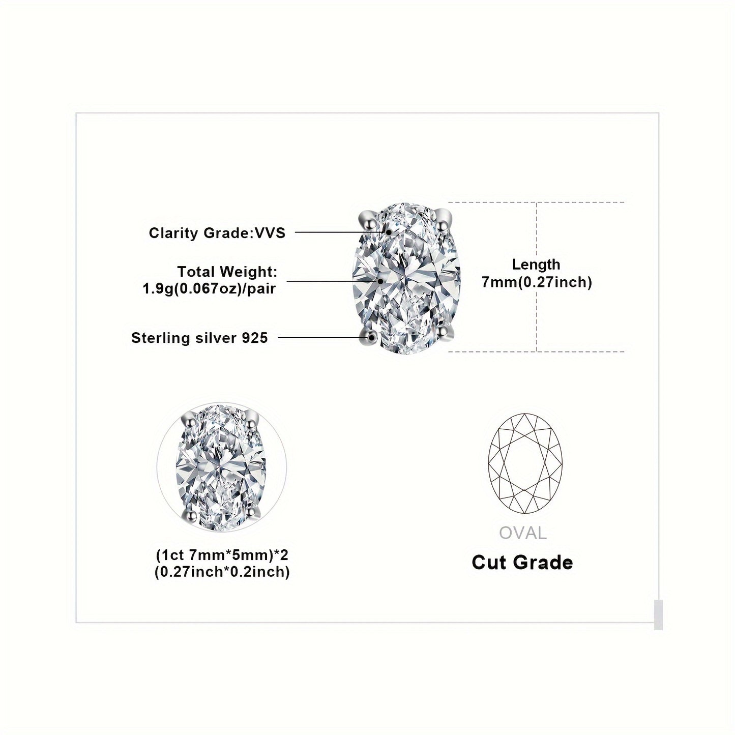 1pair Moissanite 925 Sterling Silver Classic And Elegant Oval Cut Total 2ct Moissanite Silver Earirngs for Woman for Girl for Wedding Engagement Jewelry, 1ct/side. Fine Jewelry Perfect for Daily Decoration for Dating Gift