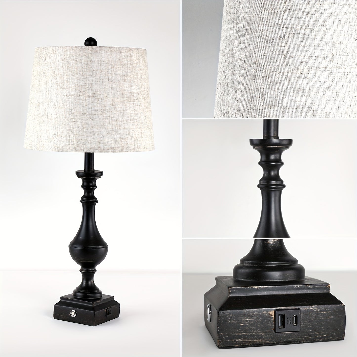 2 Set 3-Way Touch Dimmable Table Lamps for Living Room End Tables, 27.5" Tall Rustic Bedroom Lamp for Nightstand, Dual USB Charging Ports, Black Golden Resin Base with Linen Shade, Classic Candelabra, Farmhouse Bedside Lamp (
