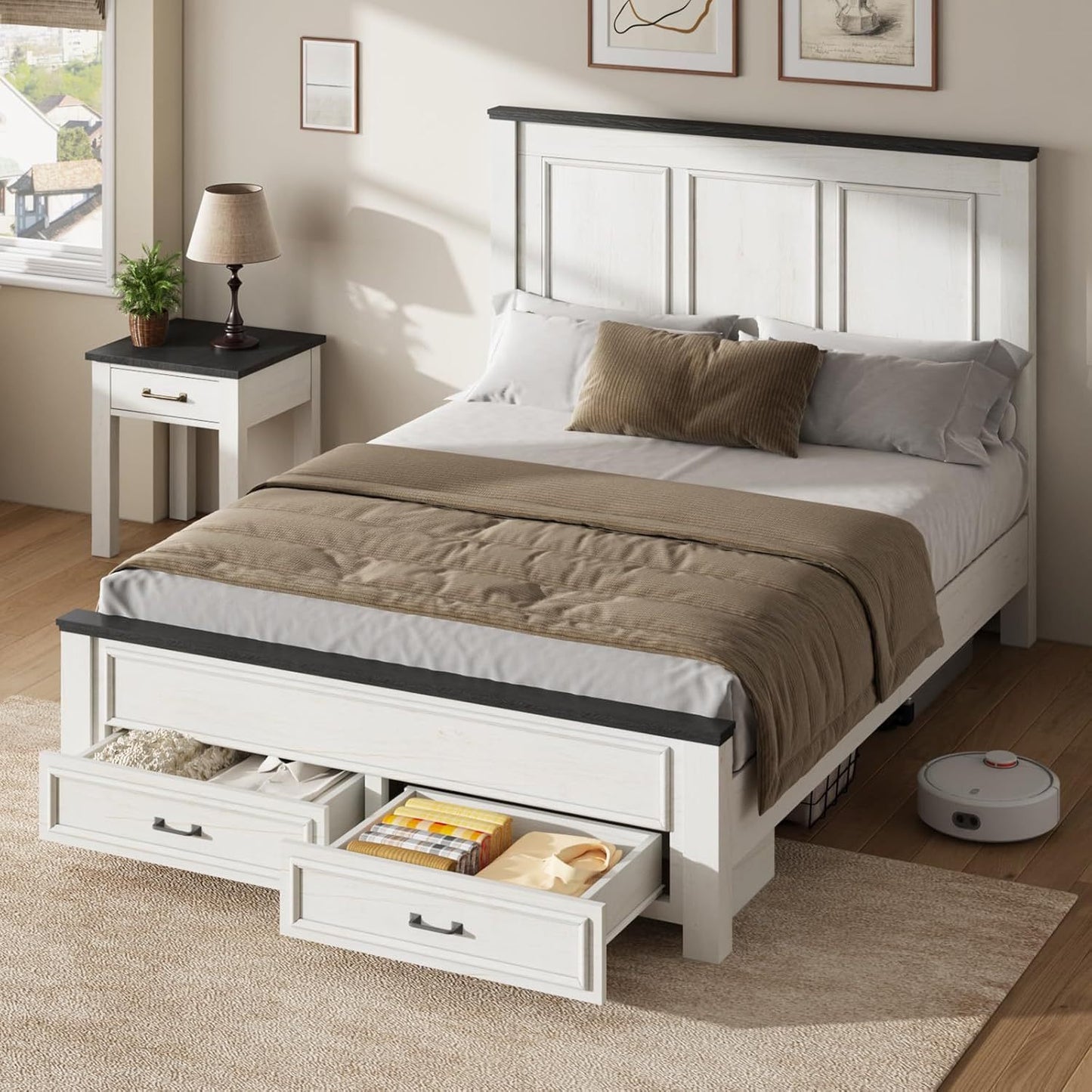 Wooden Platform Bed Frame Featuring a Tall 52.2" Headboard And Footboard, Along with Two Spacious Storage Drawers.