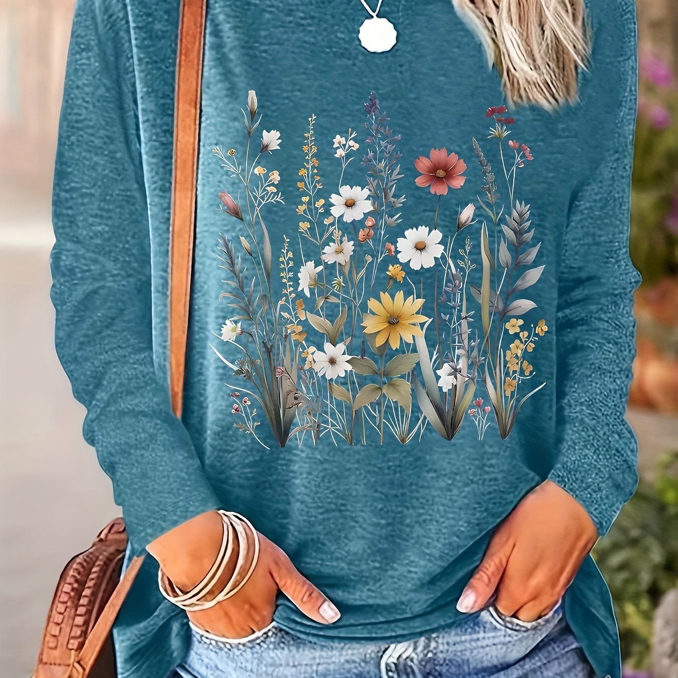 Plus Size - Women'S Plus Size Oversized Long Sleeve T-Shirt - Floral & Geometric Print Round Neck Casual Top, Soft Breathable Fabric, Relaxed Fit for Fall/Winter Layering, Everyday & Special Occasions, Versatile Layering Piec