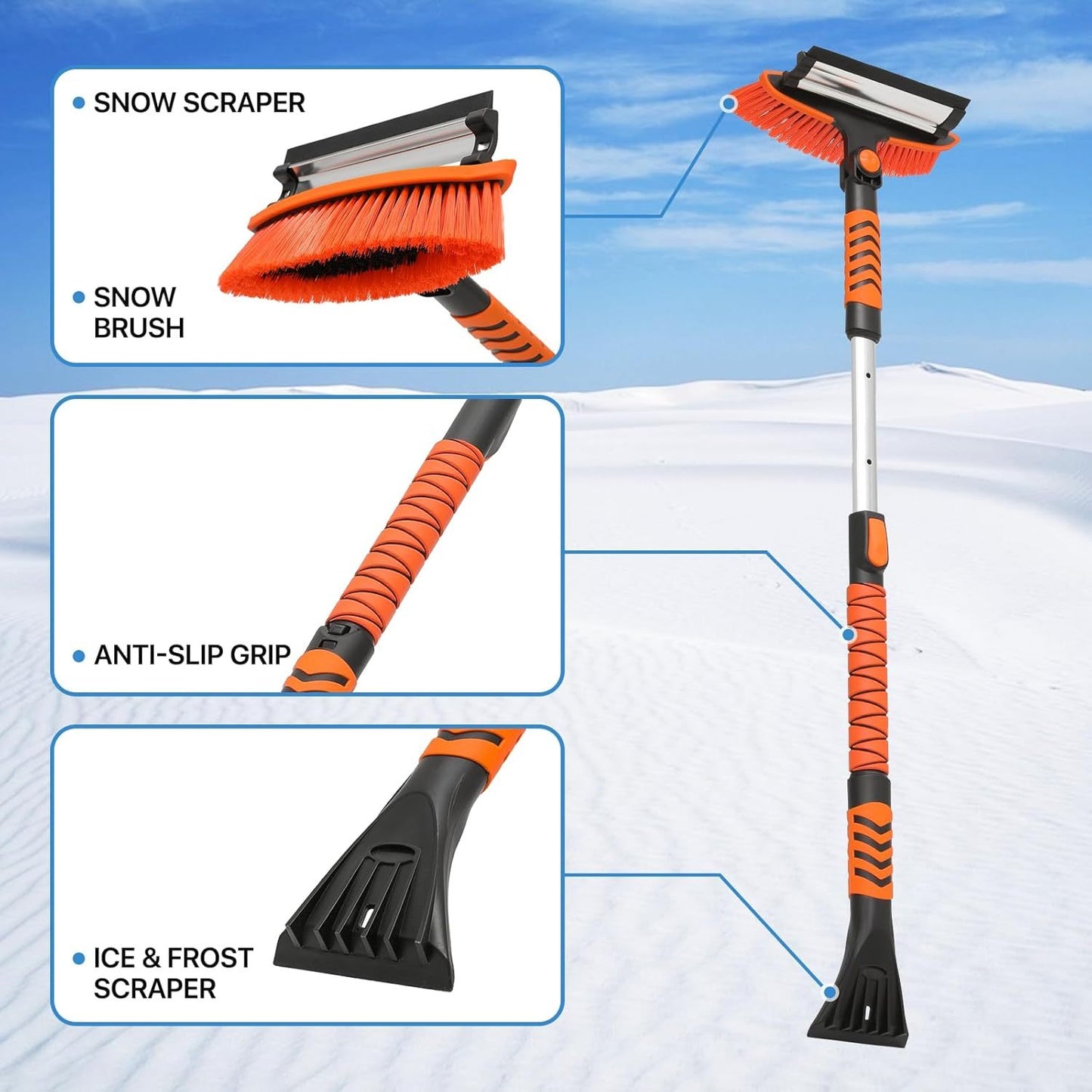 Vivicreate Extendable Snow Brush for Car Emergency, Ice Scrapers for Car Windshield Combo Kit with 270° Pivoting Head, 5-in-1 Snow Removal Tool with Snow Shovel Snow Scraper for Car, Truck, SUV, Winter Car Kit，Car Emergenc
