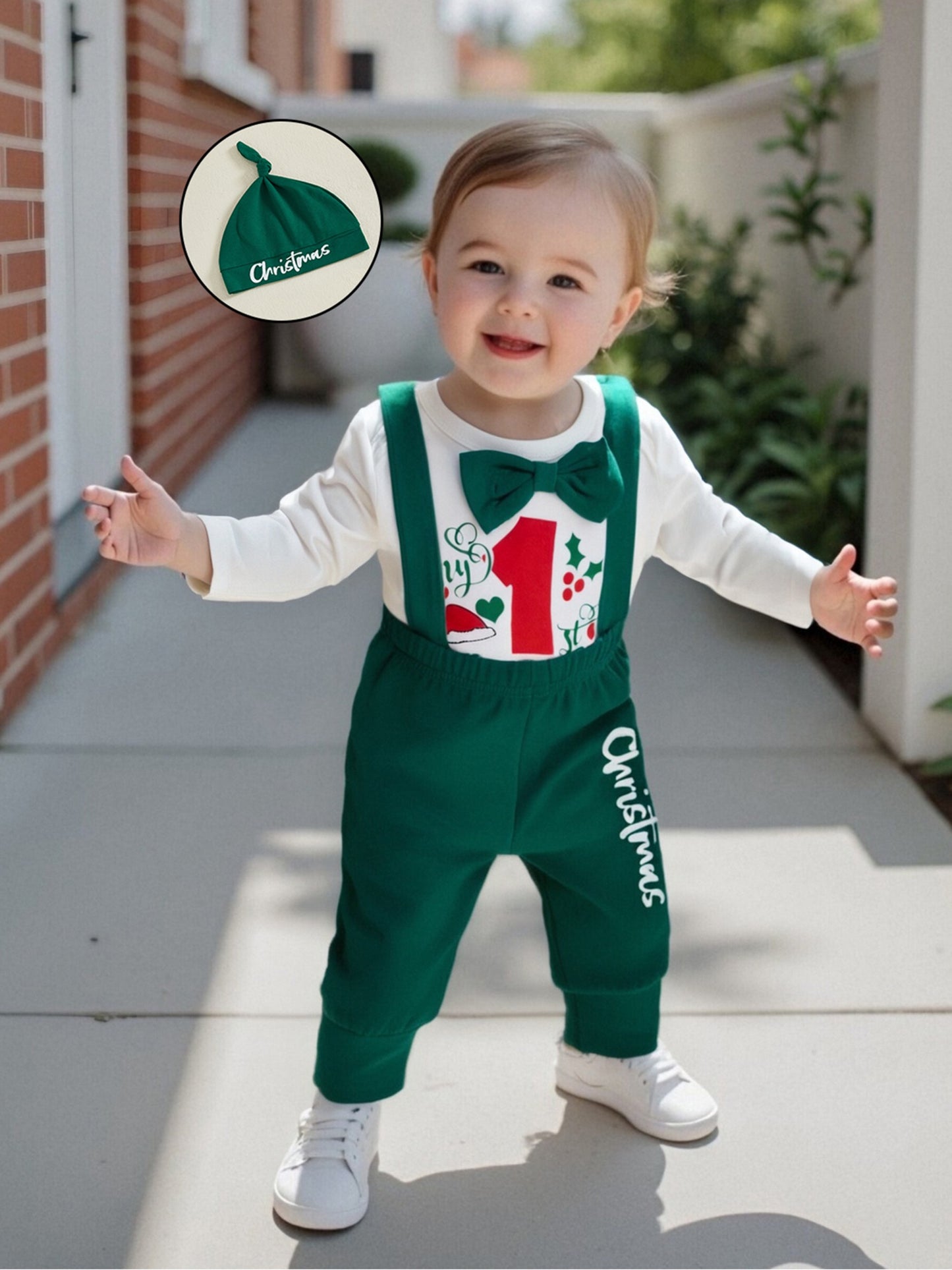 Newborn Baby Boy Fall Winter Christmas Letter Long Sleeve Round Neck Romper Elastic Waist Overall Pants with Hat Outfits, Perfect for Outdoor