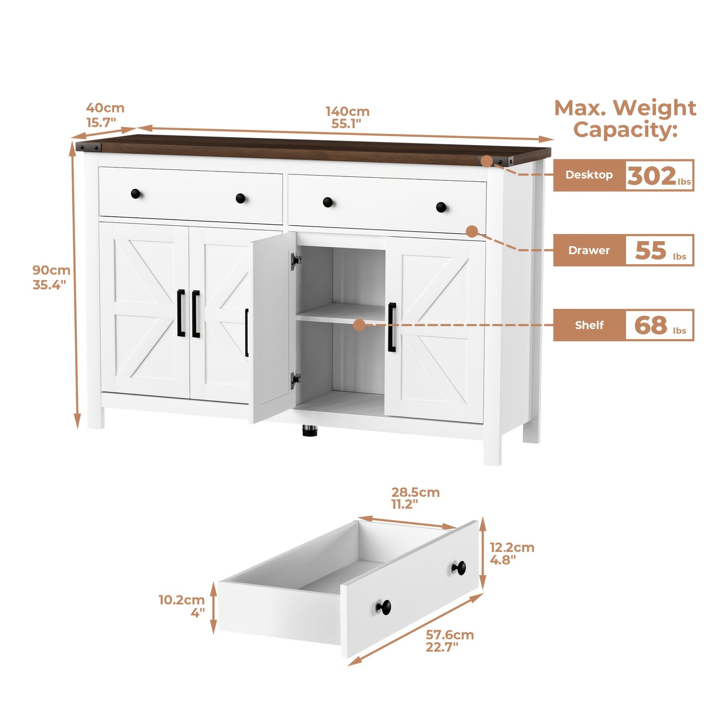 55-Inch Sideboard Buffet Cabinet Featuring Storage, a Coffee Bar with Two Drawers And Four Barn Doors, a Long Storage Cabinet in a Modern Farmhouse Style, Made of White Wood, Suitable for The Kitchen, Dining Room, Or Living R