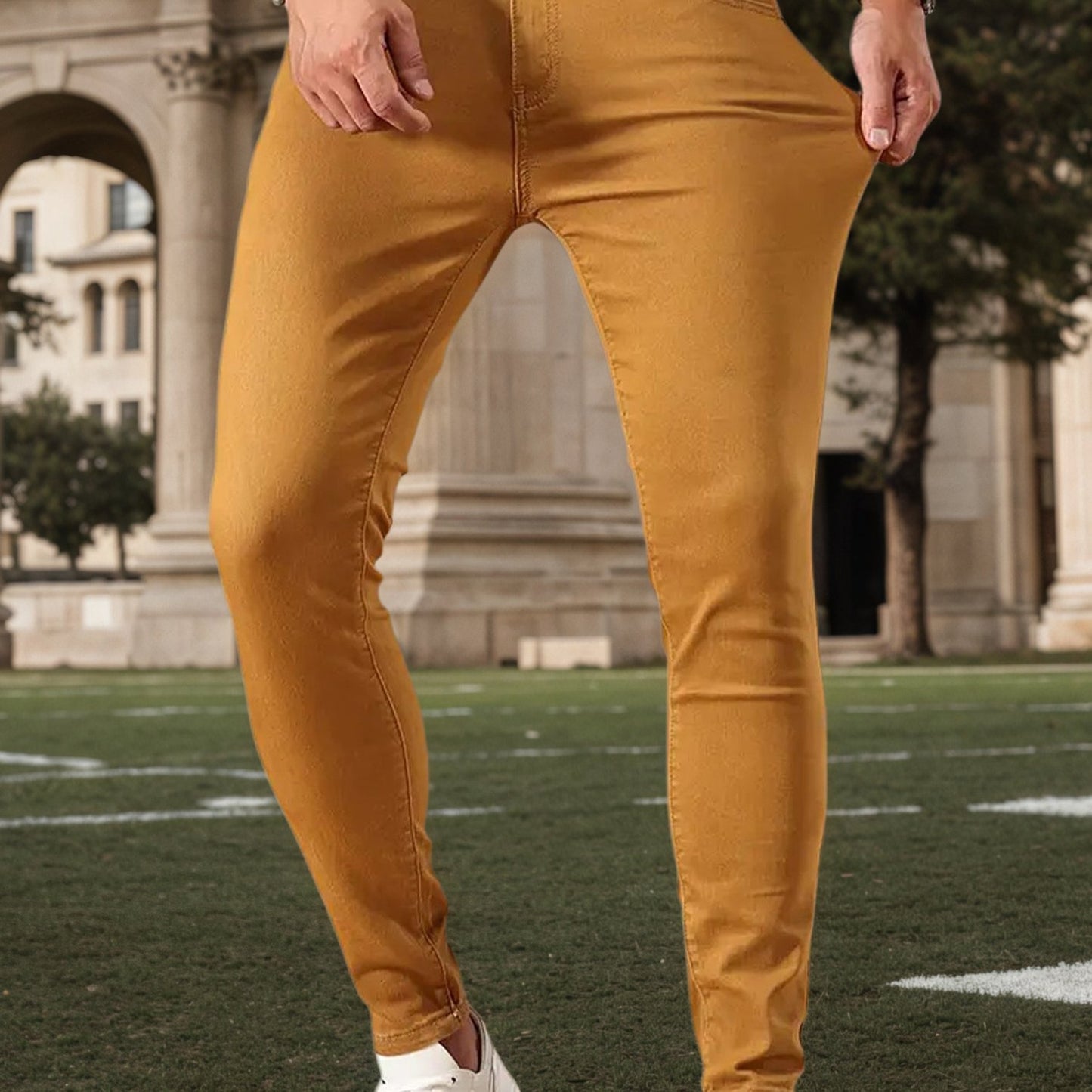 Fashionable long pants Slim-fit jeans Men's jeans with durable fabric, stretchy long pants style, cycling Men's pants, business casual brown long pants
