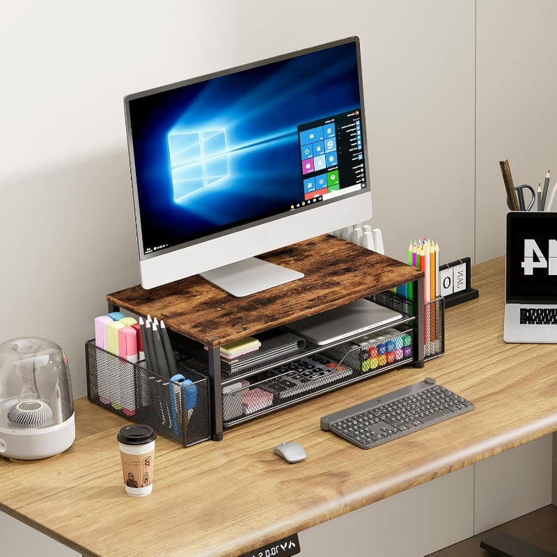 Desk Organizer And Accessories, 2-Tier Computer Monitor Stand Riser with Drawer And 2 Pen Holders, Laptop Stand, Printer Stand, Office Desk Accessories for Office Supplies, Black