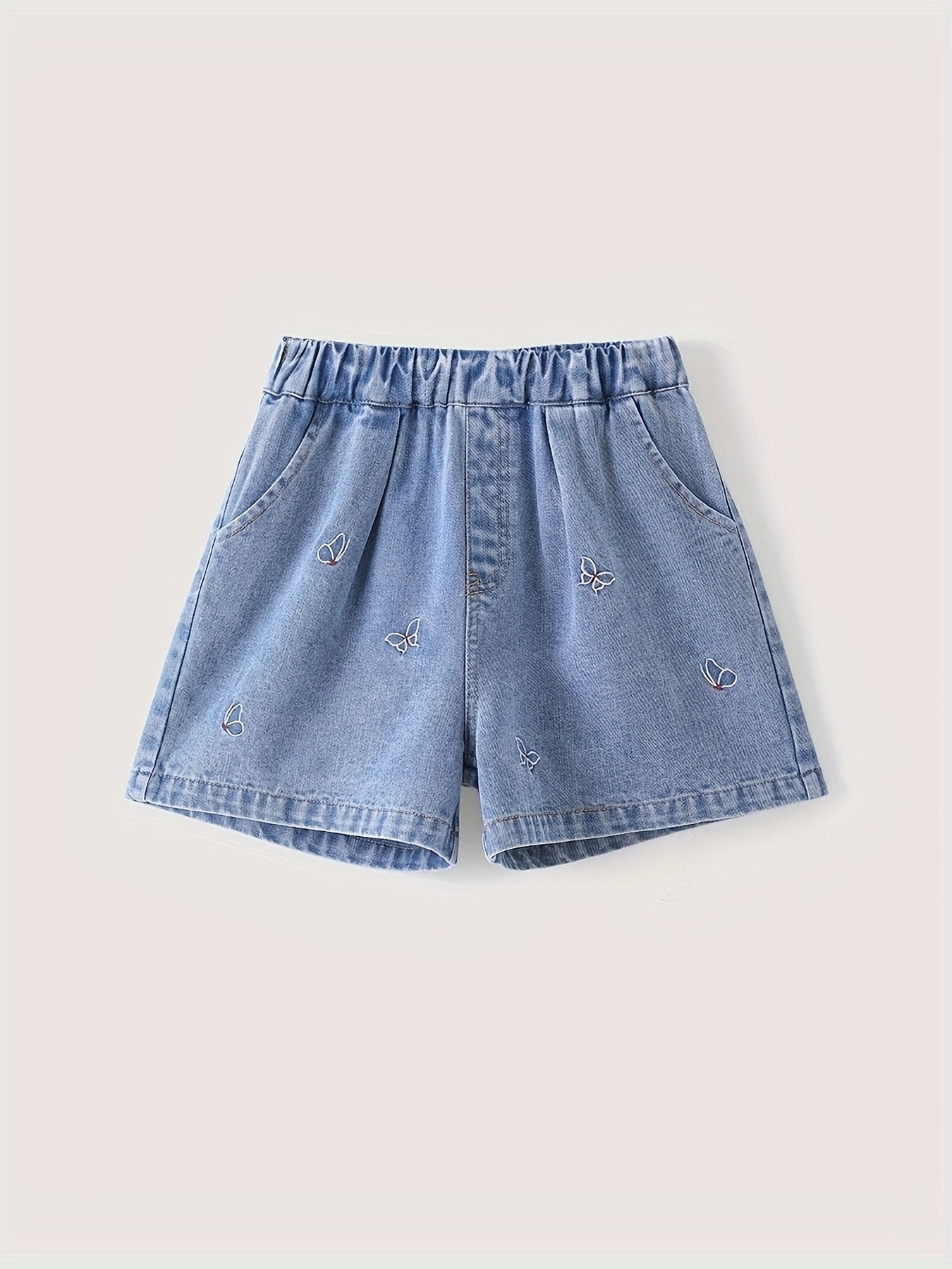 Girls' Blue Denim Shorts with Butterfly Embroidery - No-Iron Short-Cut Capri Length, Elastic Waist & Belt-Free Design - Soft Breathable ' Jeans for Summer Play, Casual Outfits ( to Teen) - Durable Everyday Shorts, Shorts For