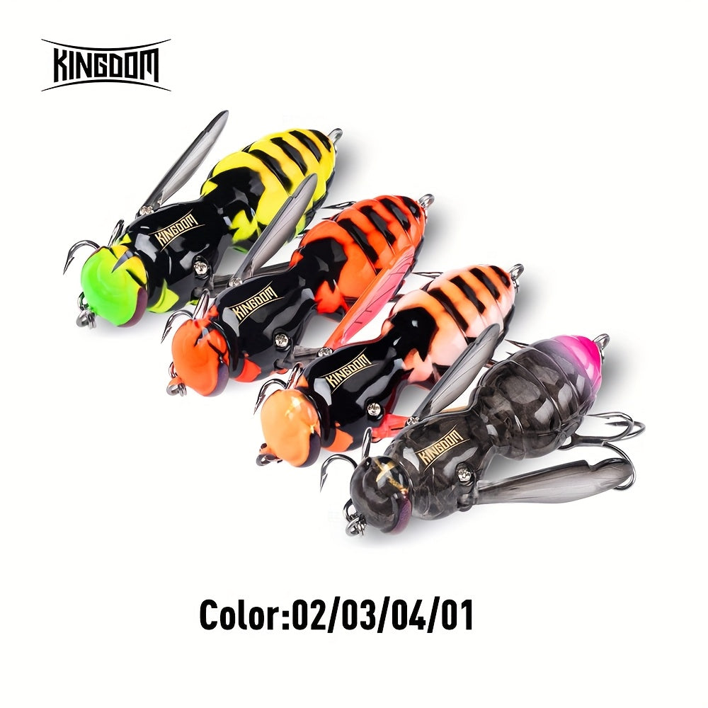 4pcs KINGDOM Floating Fishing Lures - Heavy-Duty ABS Hard Bass Bugs with Treble Hooks, Floating Fishing Baits in Orange/Black, Pink/Black, Yellow-Green/Purple - for Bass, Trout, Freshwater & Saltwater - Ideal for Beginners &