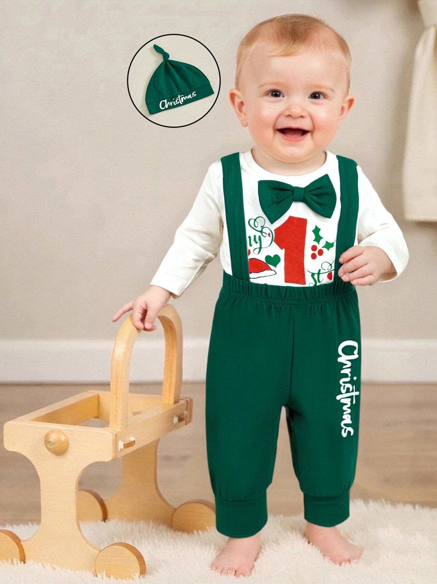 Newborn Baby Boy Fall Winter Christmas Letter Long Sleeve Round Neck Romper Elastic Waist Overall Pants with Hat Outfits, Perfect for Outdoor