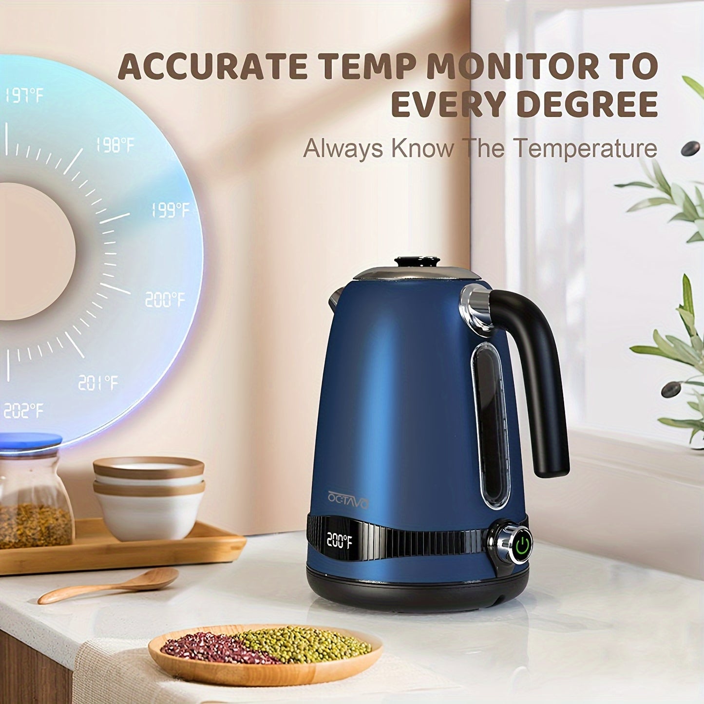 7 Cups OCTAVO Electric Kettle Temperature Control with 7 Heat Settings & LED Display, 304 Stainless Steel Kettle with Auto Shut-off & Boil-dry Protection