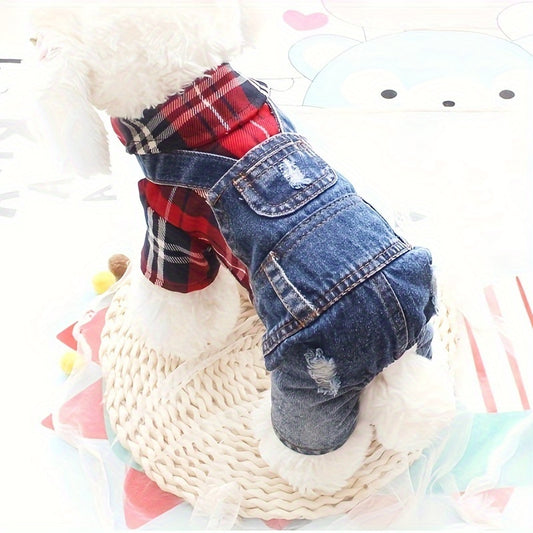 Internet Celebrity Autumn and Winter Fashion Brand Plaid Imitation Denim Pet Poodle Teddy Bear Bichon Frise  Dog Clothes