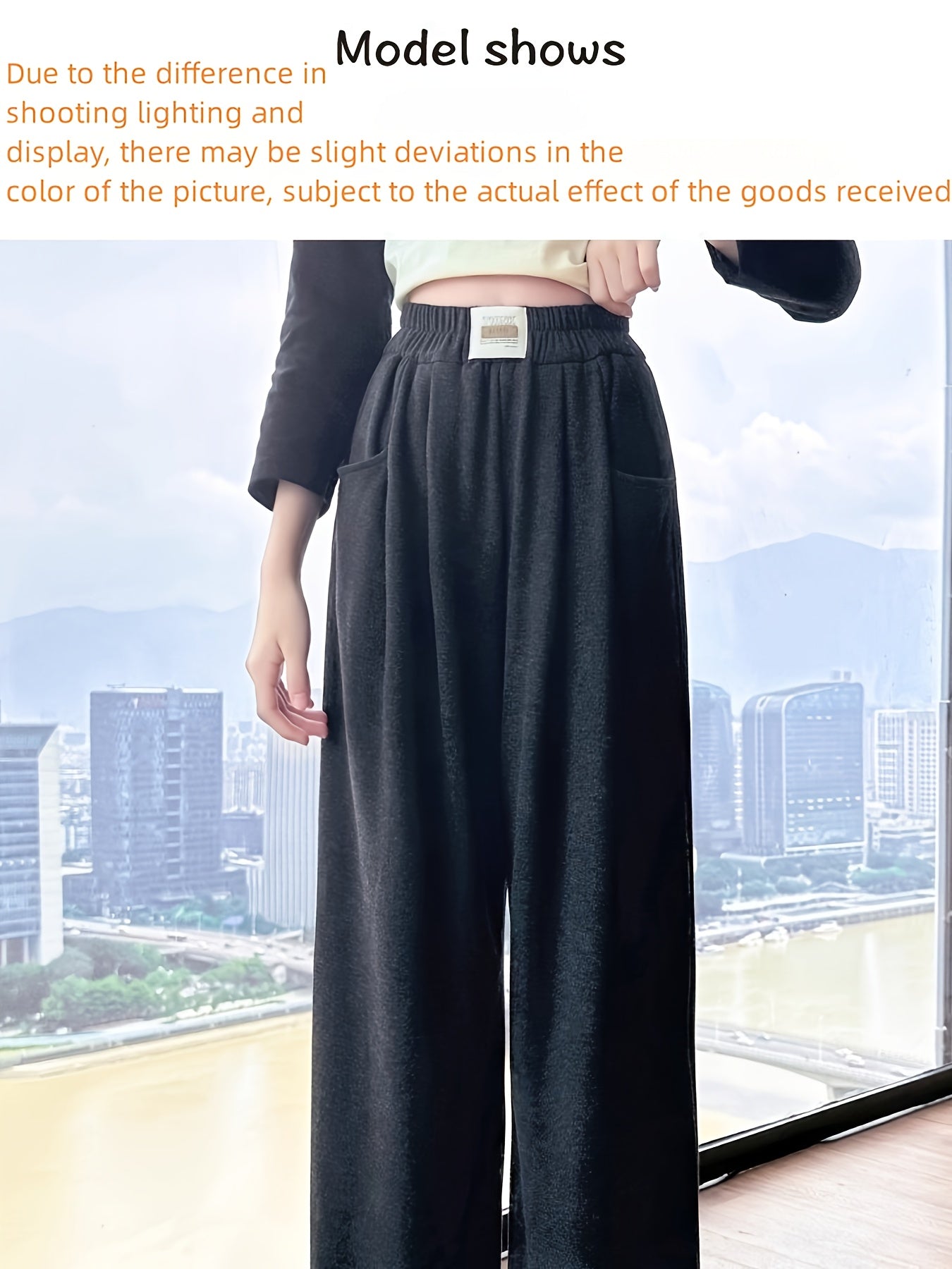 Girls 6-12 Years Wide-Leg Trousers - Stretchy Wrinkle-Resistant Pants with Adjustable Waist & Pockets, Soft Straight-Leg Leggings for School, Semi-Formal & Casual Attire (Navy Blue/Black) - Comfortable Stretch Fabric (Hand Wa