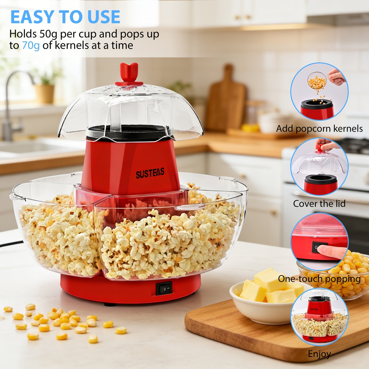 Upgraded Electric Popcorn Machine with 4 Serving Bowls, Quick 5-Min Hot Air Popper, Easy-Clean Snack Machine for Healthy Oil-Free Popcorn, Ideal for Movie Nights, Parties, Game Days, Family Gatherings, Everyday