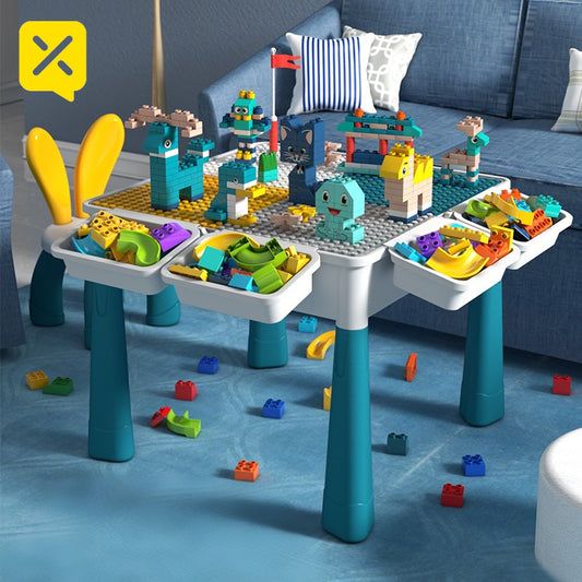 Kids All-in-One Activity Table with Storage - Multifunctional Play Table with Building Blocks, Dollhouse, Fishing Game & Color-Changing Board - Durable ABS Plastic Kids Desk with Turquoise Legs & White Top, Space-Saving Corne