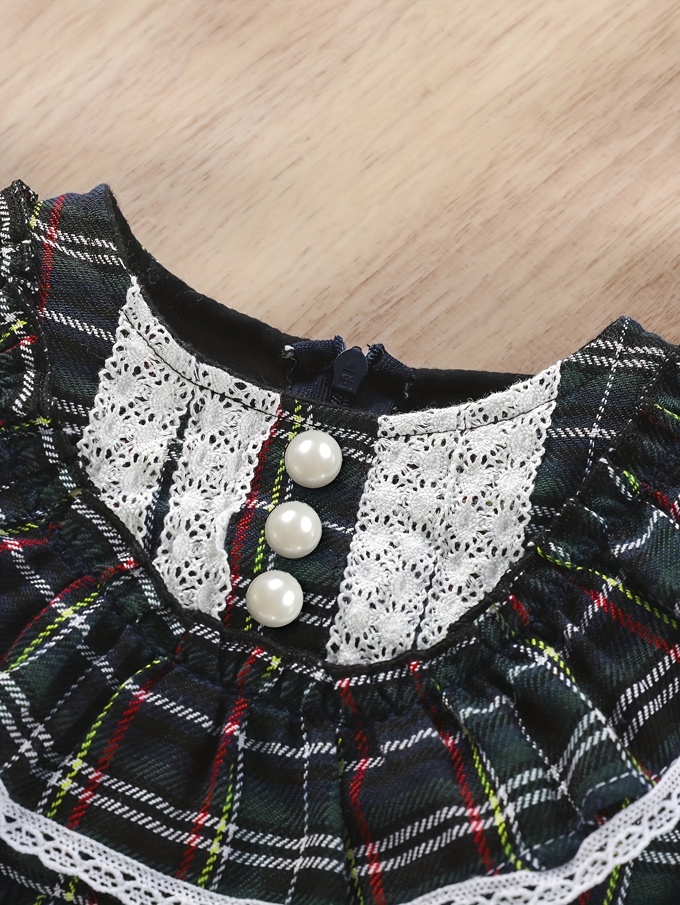 Red Green Plaid Halloween Christmas Girls Dress with High Neck And Lace Trim, Ruffled Cuffs Holiday Party Outfit