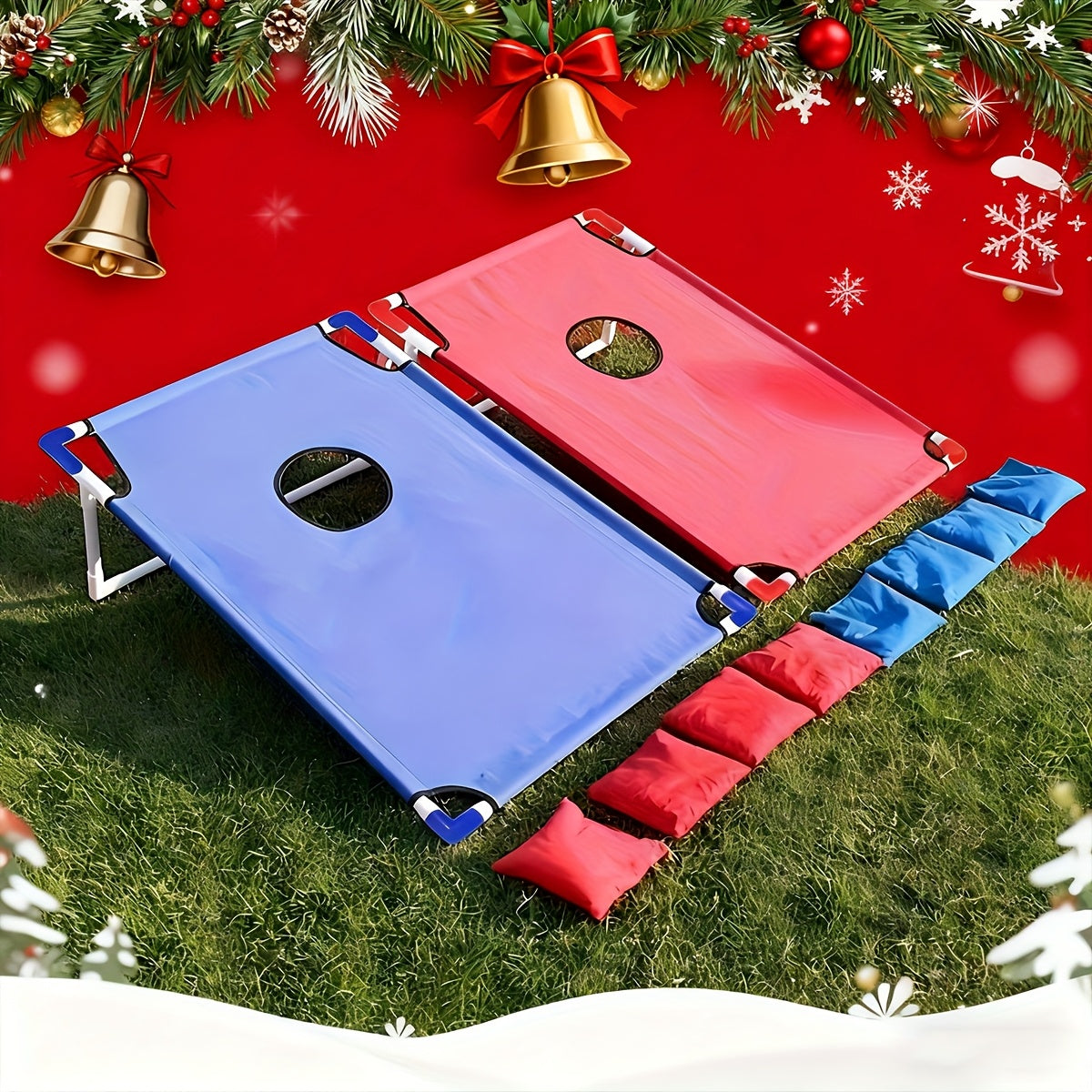 A Foldable And Sturdy Red And Blue Corn Hole Game Set, Perfect for Outdoor Gatherings, Camping Trips, And Backyard Fun. It Includes 6 Bean Bags And Does Not Need Batteries, Making It Ideal for Christmas And Halloween Celebrat