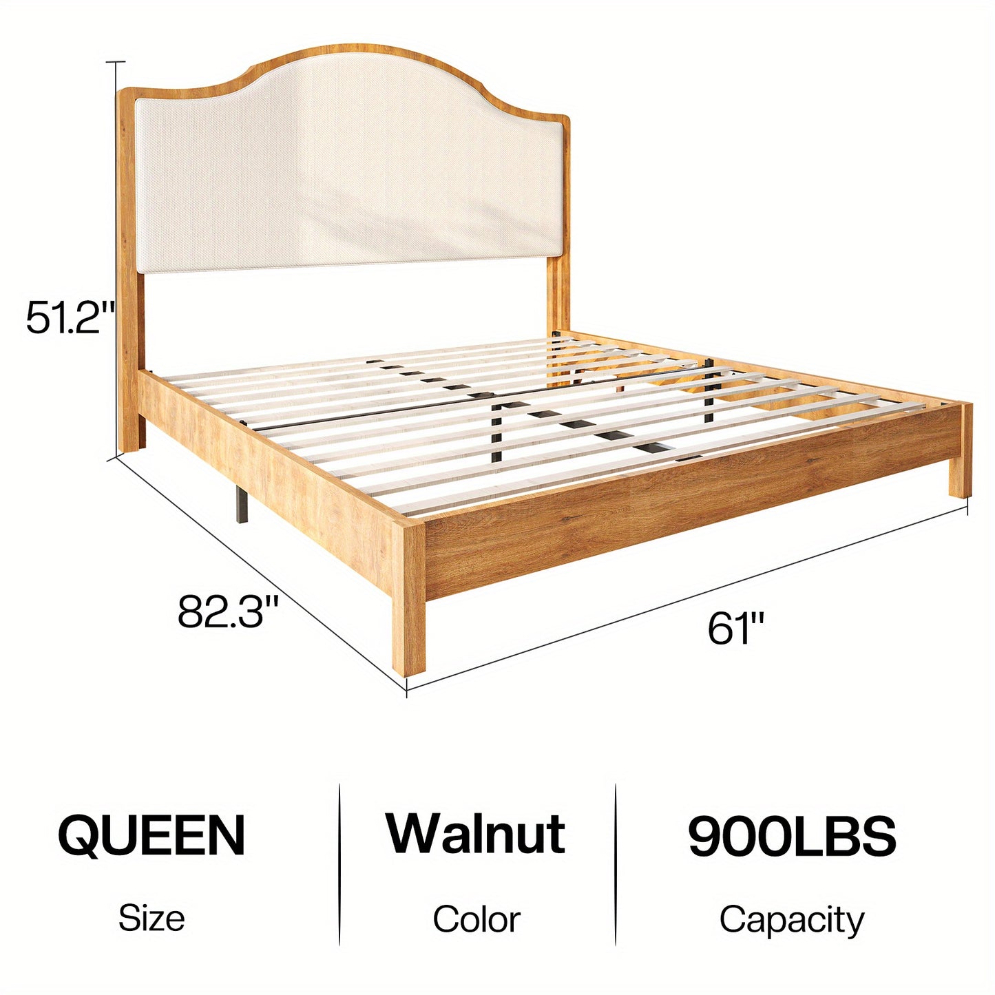 PAPABABE Solid Wood Platform Bed Frame with Upholstered Curved Headboard, Wood Slat Support, No Box Spring Required