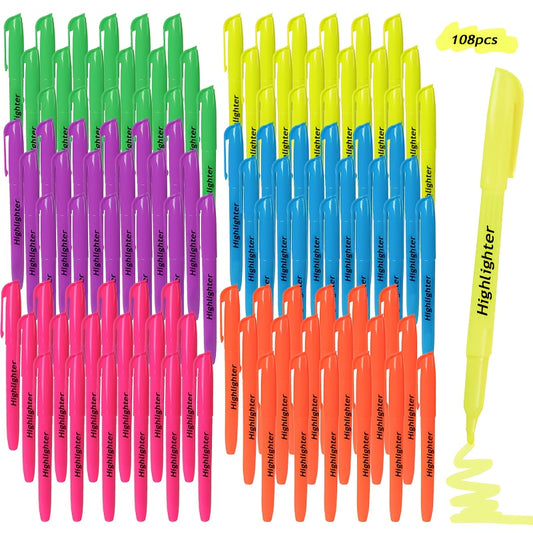 108/150pcs 6 Assort Color Highlighter Set | Chisel Tip Highlighters with Durable Clip, Bulk Set with Compartment Box, Suitable for Office and Home, Bright Colors, Ideal Stationary