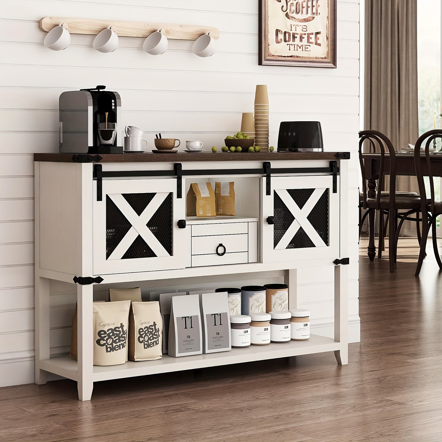 Farmhouse Entryway Table with 2 Sliding Barn Doors & Drawer, 46'' Rustic Console Table with Storage, Open Shelf Space, Industrial Sofa Table for Living Room, Entryway, Hallway,