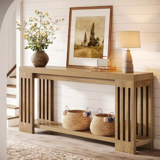 70.9" Extra Long Farmhouse Entryway Sofa Console Table with 2-Tier Storage & Vertical Stripe Legs - Light Brown Engineered Wood & Hardwood Construction, Space-Saving Modern Design for Hallway, Living Room, Entrance - Easy Ass