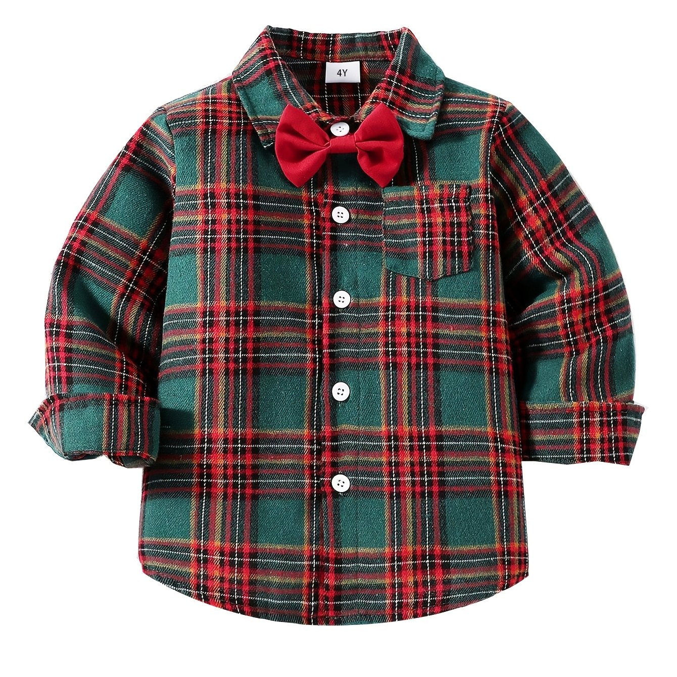 Boys' Party Gentleman Bow Tie Long Sleeve Collared Shirt, Christmas Gift, Plaid Dress Shirt Suitable for Autumn and Winter
