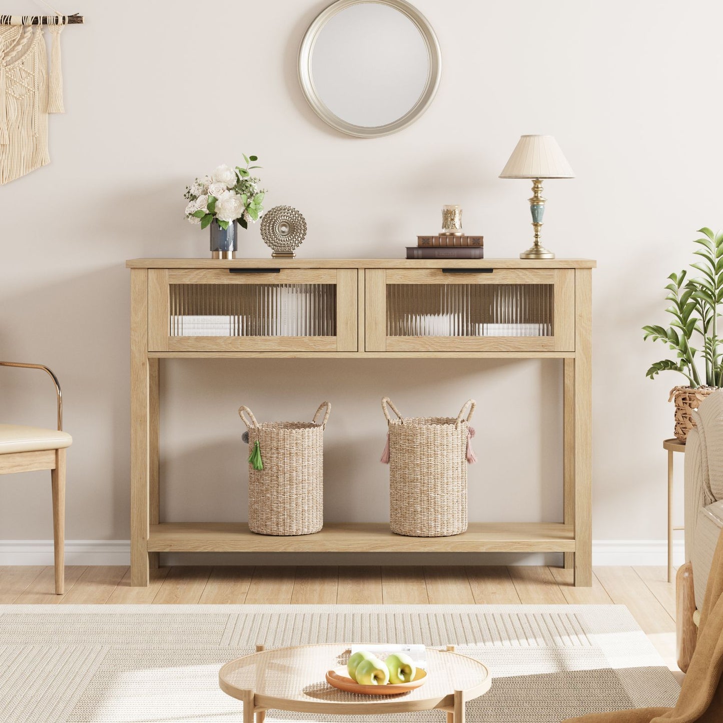 43-Inch Narrow Wood Console Table with Stylish Glass Drawers | 2-Tier Sofa and Entryway Table in Burlywood End, Perfect for Living Room, Bedroom, Hallway, Foyer Storage, Entryway Table | Classic Style, Hardwood Material, Asse