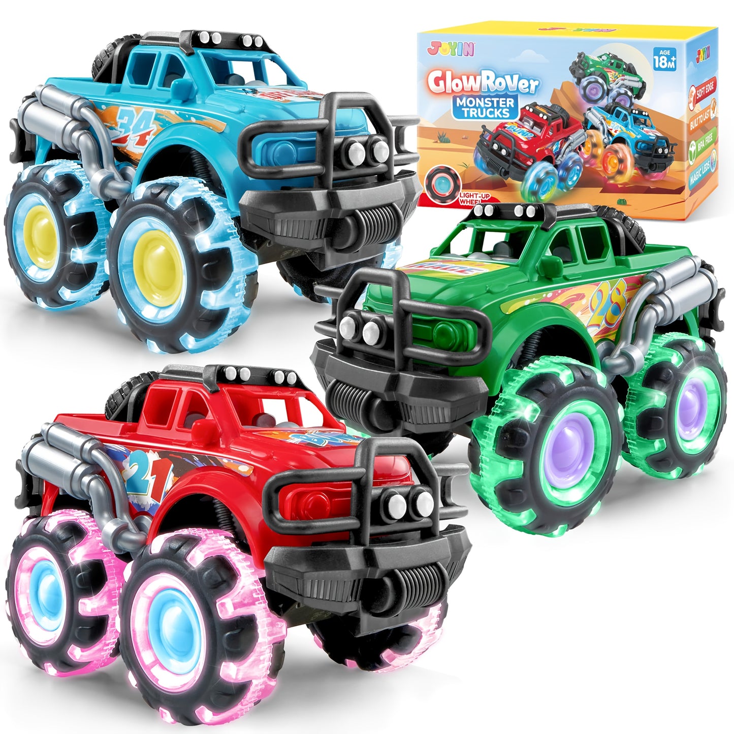 3 Pack Monster Truck Toy for Kids, Monster Toy Truck with Flashing LED Wheels -Friction-Powered- Light-Up Cars for Toddlers -Christmas Birthday Gifts for Boys And Girls
