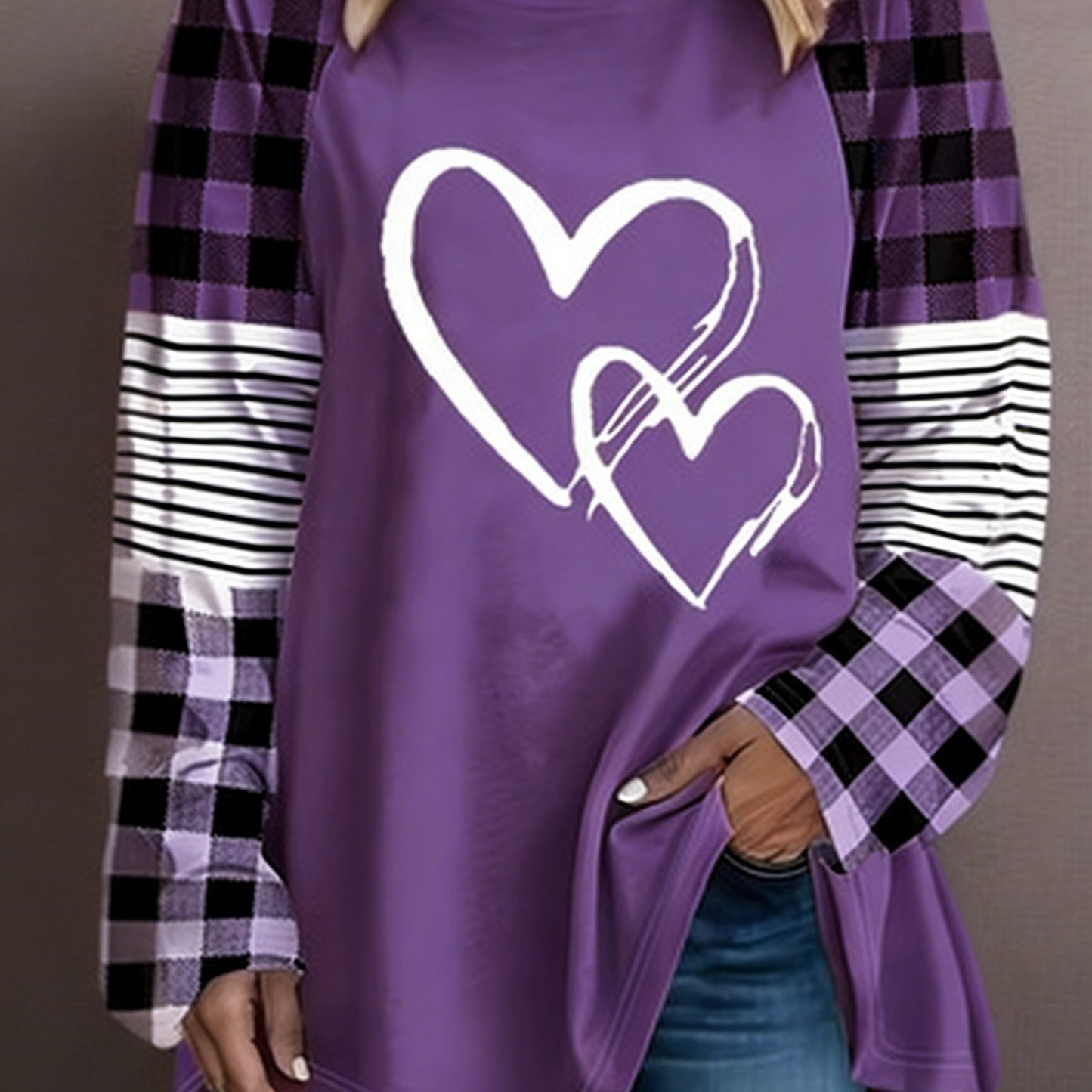 Plus Size - Plus Size - A Women'S Casual Long-Sleeve T-Shirt Featuring a Heart-Shaped Design, Made from Fabric, with a Round Neck Style, Part of The Autumn And Winter Collection, Available in Large Loose Sizes from 0XL to 9XL