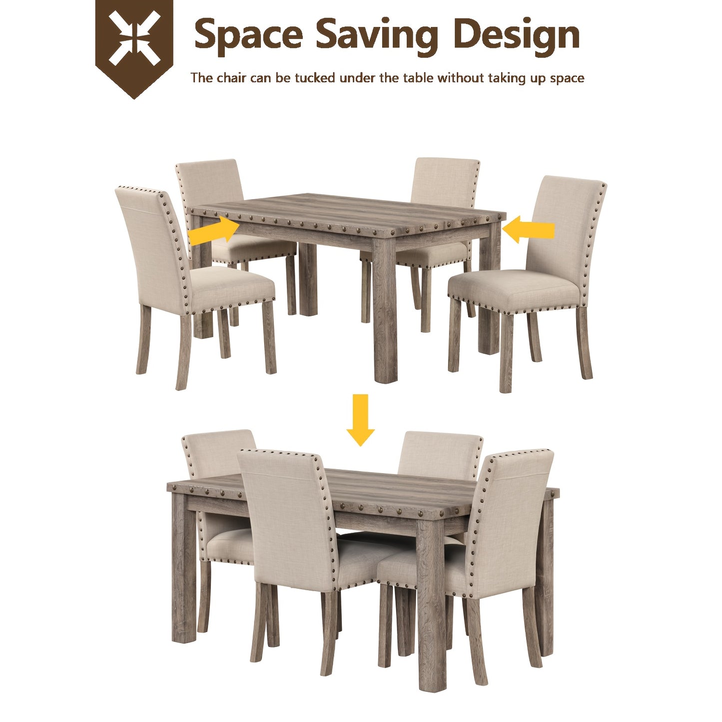 7/5pcs Rustic Modern Farmhouse Dining Table and Chair Set Suitable for Spacious Dining Rooms, Entertaining - Solid Wood & MDF Table with Sturdy Legs, Assembly, Wood Grain, Tableset for,, or Use