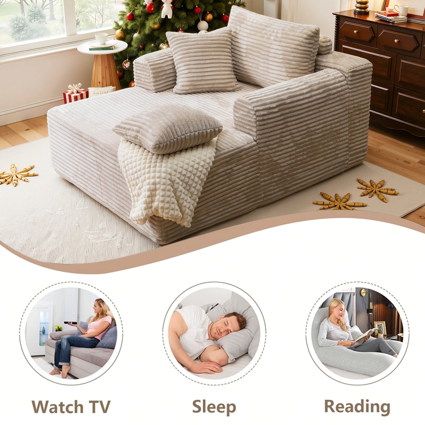Indoor Oversized Corduroy Upholstered Boneless Sofa Bed Chaise Lounge - Deep Seat Sleeper Couch & Reading Chairs, Cloud Sofas for Living Room, No Assembly Required