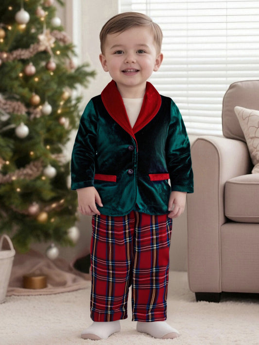 Toddler Infant Baby Boy Christmas Outfit Button up Long Sleeve Jacket and Elastic Plaid Pants 2pcs, Simple Fashion Fall Clothes for 1-4 Years, Perfect for Christmas Parties, Family Photos, Holiday Gatherings Cool Days, Perfec