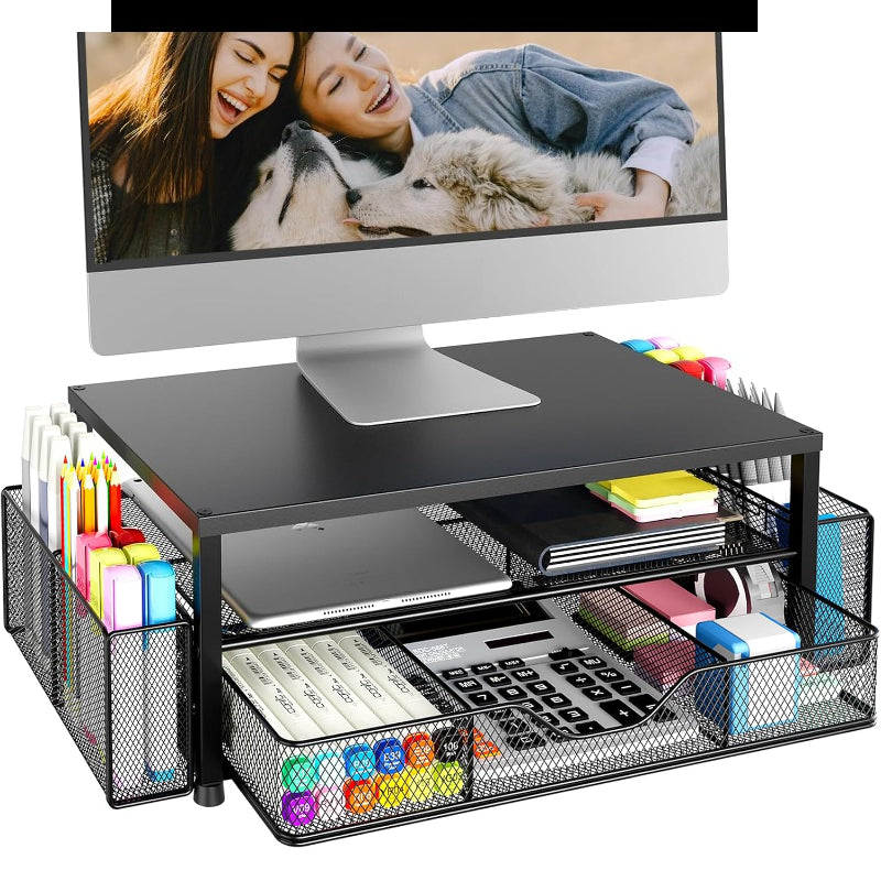Desk Organizer And Accessories, 2-Tier Computer Monitor Stand Riser with Drawer And 2 Pen Holders, Laptop Stand, Printer Stand, Office Desk Accessories for Office Supplies, Black