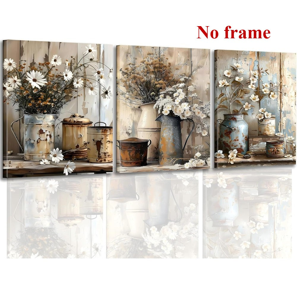 2D Flat, Paintings, 3pcs Framed Rustic Daisy Vase Floral Wall Art - Vintage Farmhouse Pictures with Thick Wood Frame & Canvas, Botanical Flower Prints Suitable for Bedroom, Office, Gallery - Ready to Hang (12x16 inch/ 30x40cm
