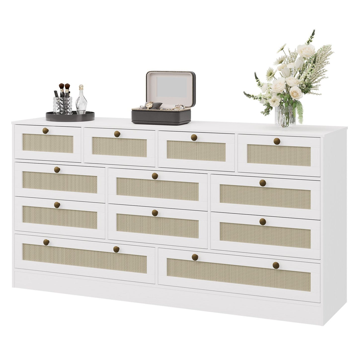 12-Drawer Chest of Drawers with Woven Rattan Design | 61.02x15.75x31.5 inch, Stylish and Spacious Hardwood Storage Cabinet for Home Room Decor, Christmas Decorations, Birthday Gifts for Women Men Friends, Contemporary Style b
