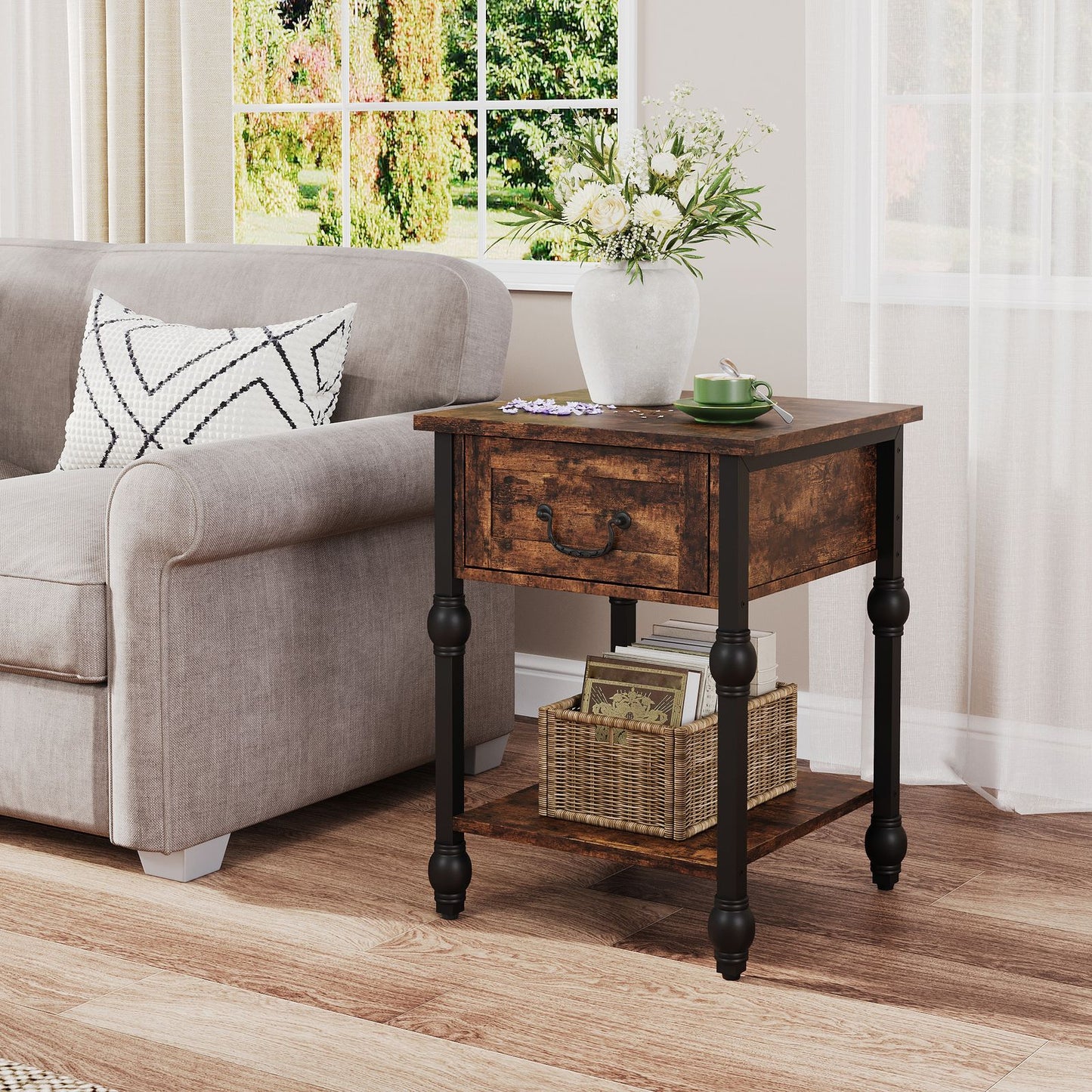 Industrial Style End Table in Brown, 2-Tier with Drawer for Bedroom, Living Room, and Compact Spaces